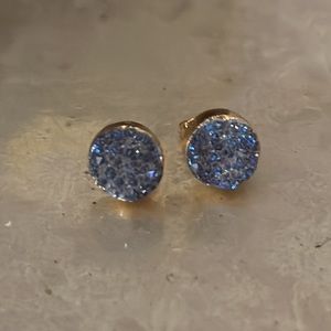 Sapphire blue with gold plate round druzy pierced posts earrings gorgeous color